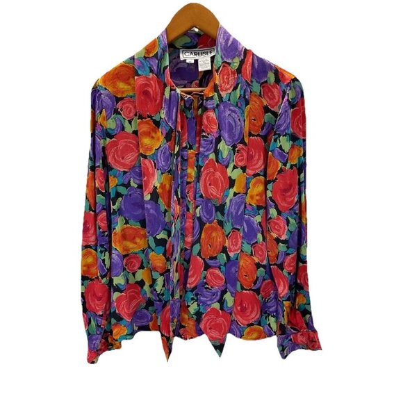 VTG CARLISLE silk tie front top Colorful Floral tie front Y2K blouse size 10 - Picture 1 of 13
